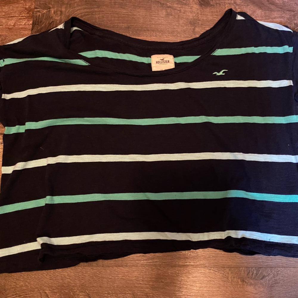 Hollister off the shoulder Black and Teal Striped Crop Top
